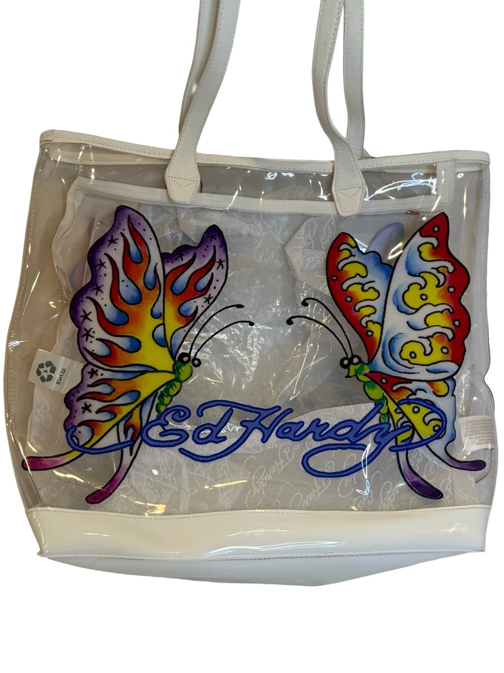 Ed Hardy Purple Butterfly Clear PVC Tote Bag NWT Y2K Tattoo Art Flames Stars